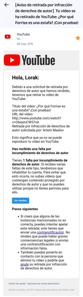 Mensaje de YouTube por infringir derechos de autor hacia Forrise